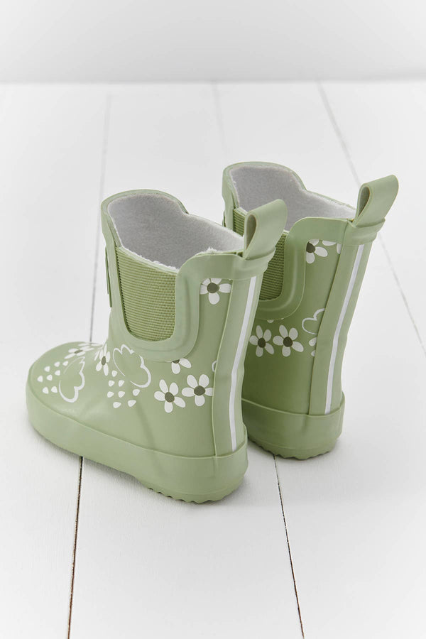 Spring Green Floral Short Colour-Changing Kids Wellies: UK6