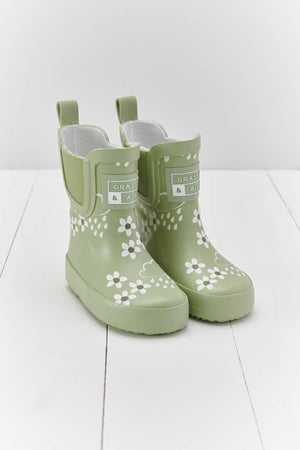 Spring Green Floral Short Colour-Changing Kids Wellies: UK6