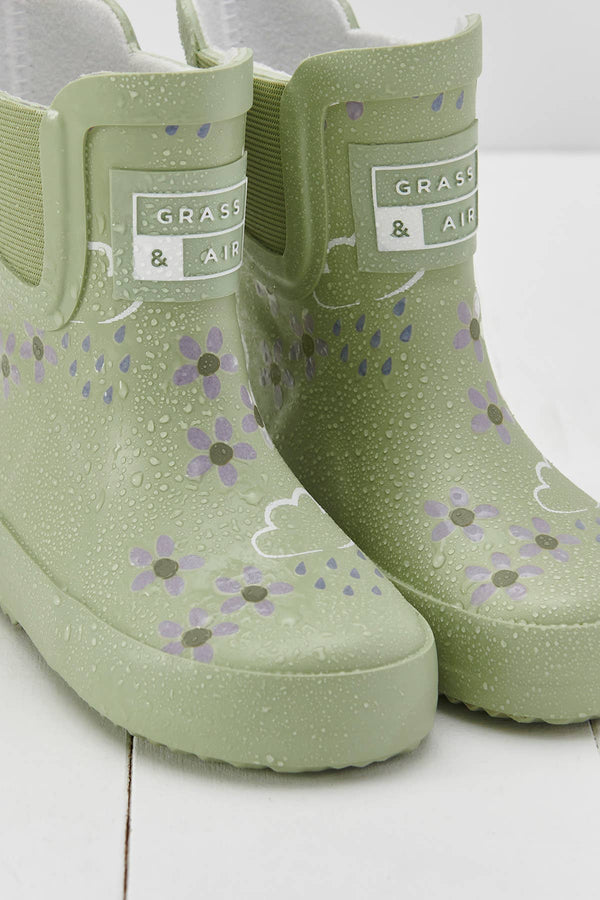 Spring Green Floral Short Colour-Changing Kids Wellies: UK6
